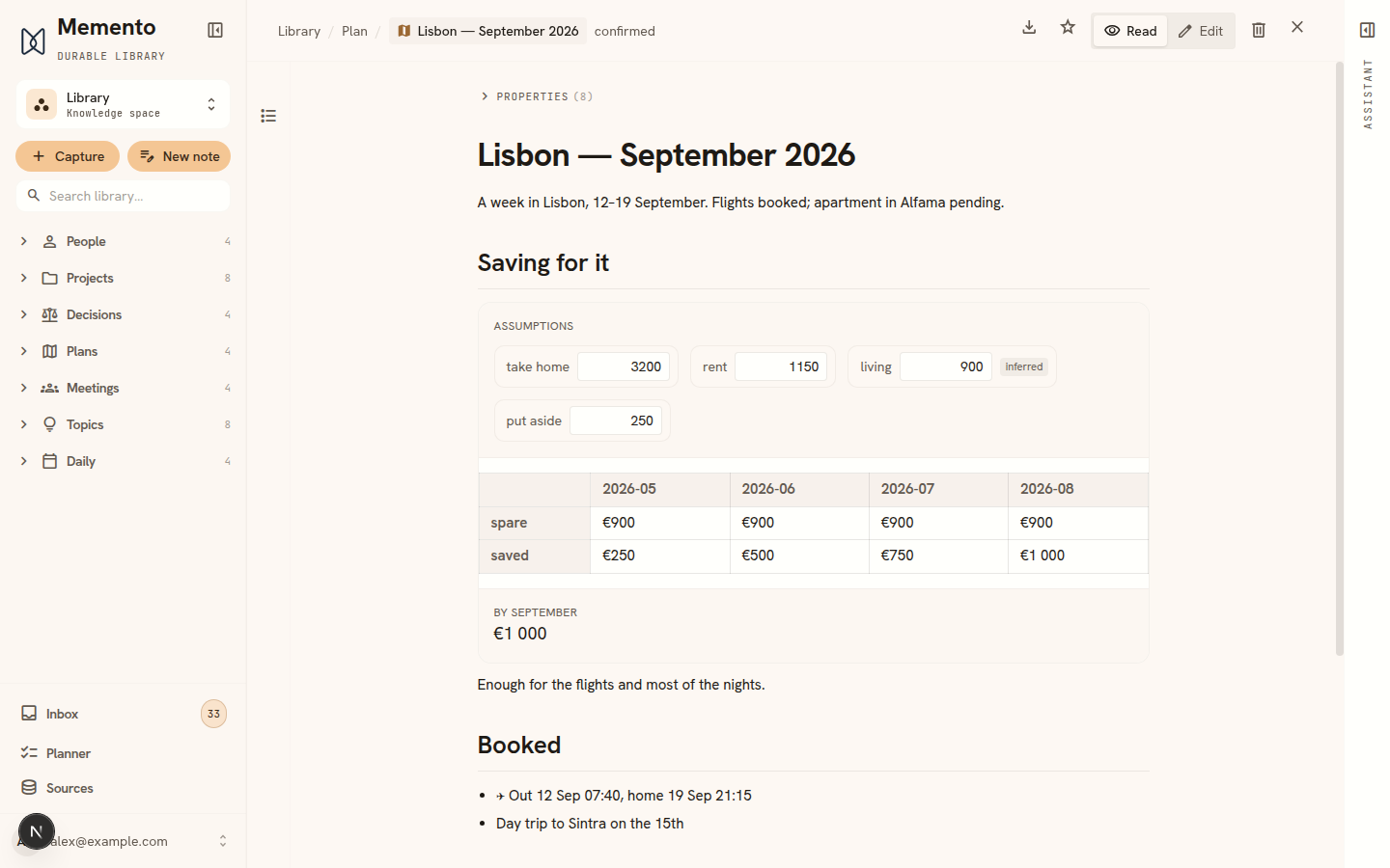 A calculation on a page: assumption boxes above a computed month-by-month table