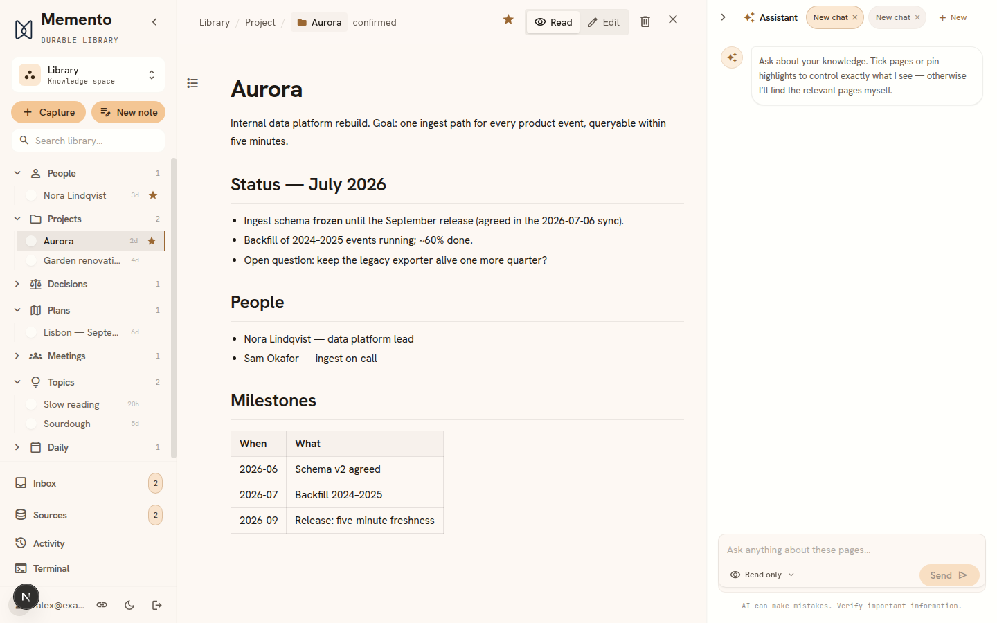 The three-pane app: library, document, assistant