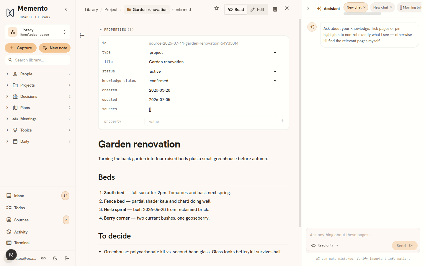 The properties panel expanded on a project page