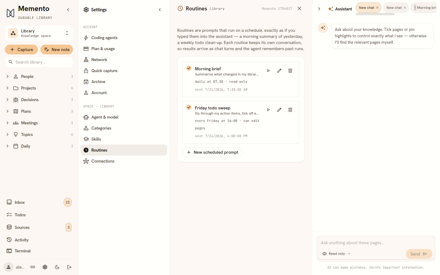 The Routines section in Settings, showing a daily morning brief and a weekly task sweep